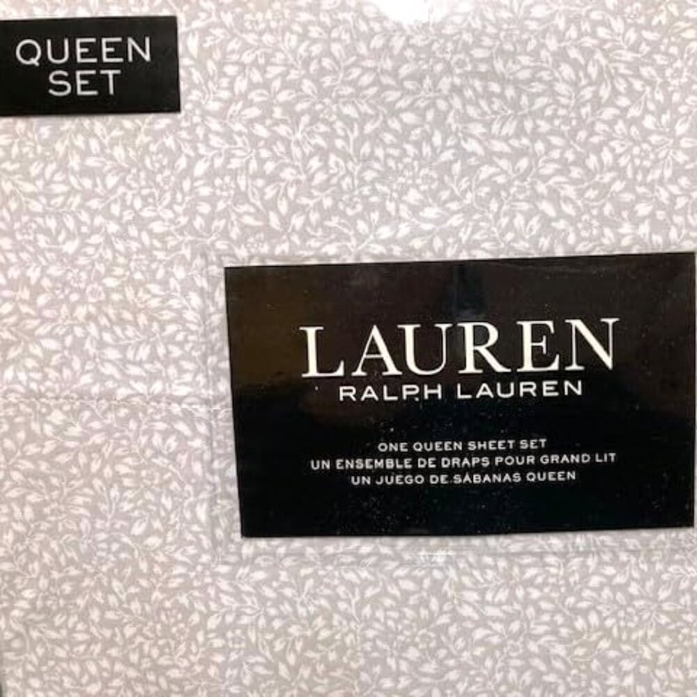 New Lauren Ralph Lauren Fog Leaf 100% Cotton Queen 4 pc Sheet Set Tan Beige